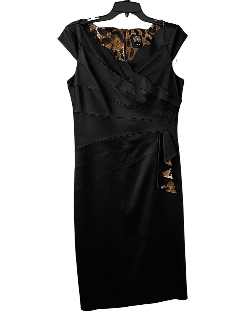 JAX Black Satin Sheath Dress Leopard Accent Size 12 Dark Romantic Feminine Noir